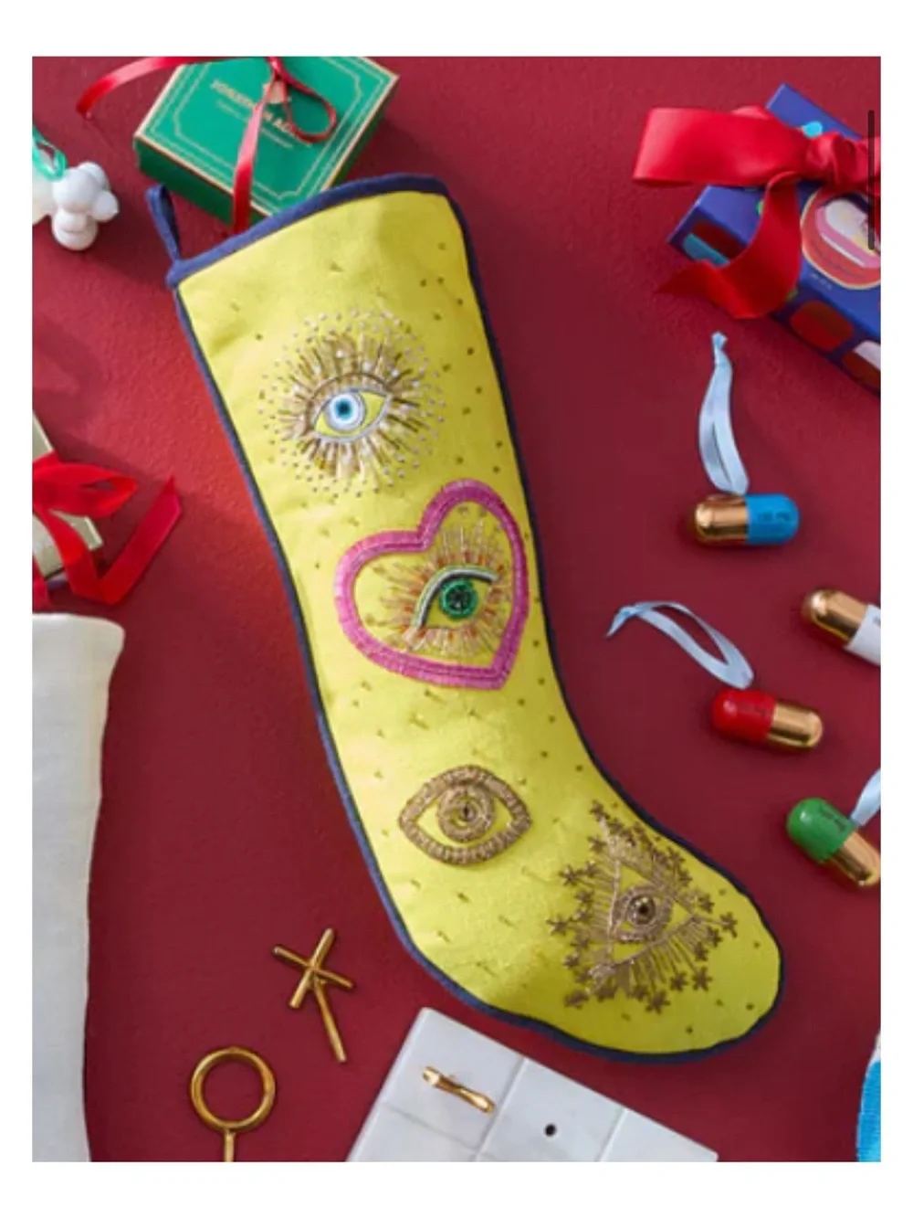 JONATHAN ADLER Bijoux Eyes Beaded Embellished Hanging Christmas Stocking NEW